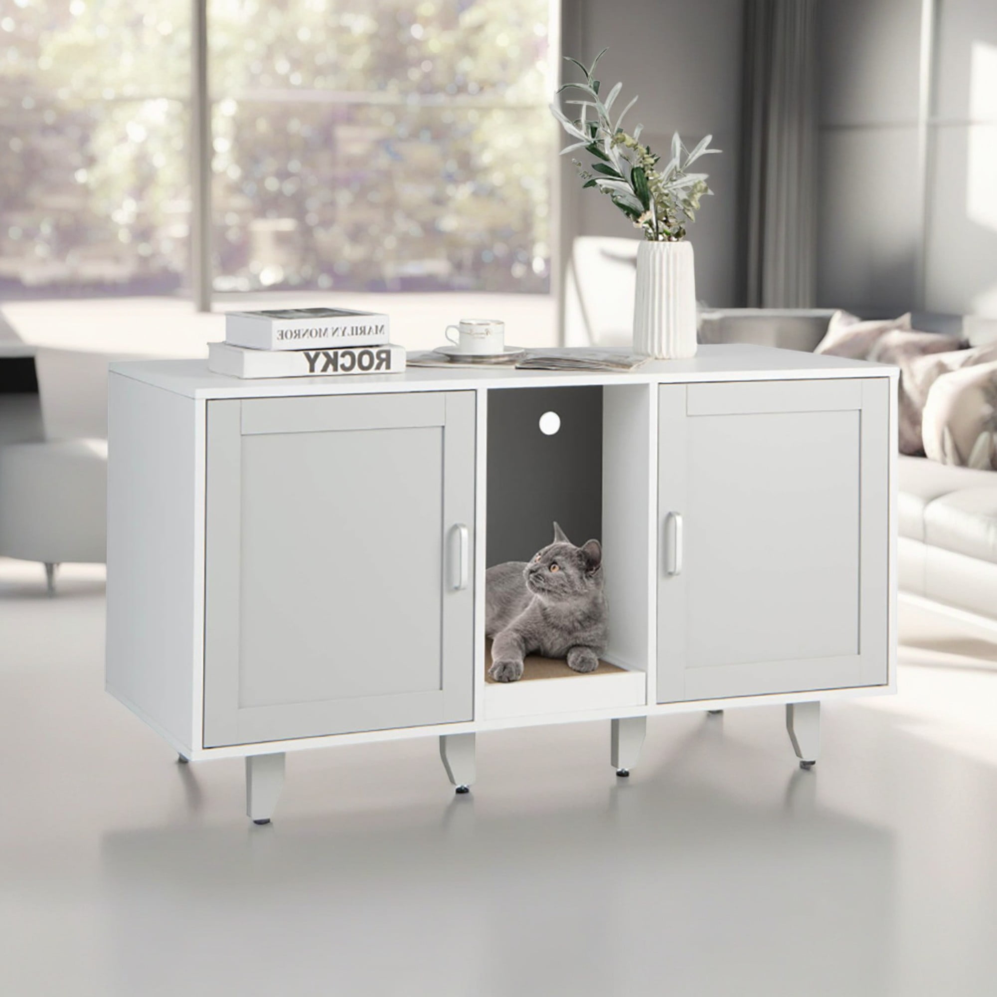 Pefilos 47" Litter Box Enclosure for 2 Litter Boxes, Hidden Cat Washroom with 2 Cabinet House, Scratching Board, Indoor Cat Litter Furniture, Gray Pefilos 47" Litter Box Enclosure for 2 Litter Boxes, Hidden Cat Washroom with 2 Cabinet House, Scratching Board, Indoor Cat Litter Furniture, Gray