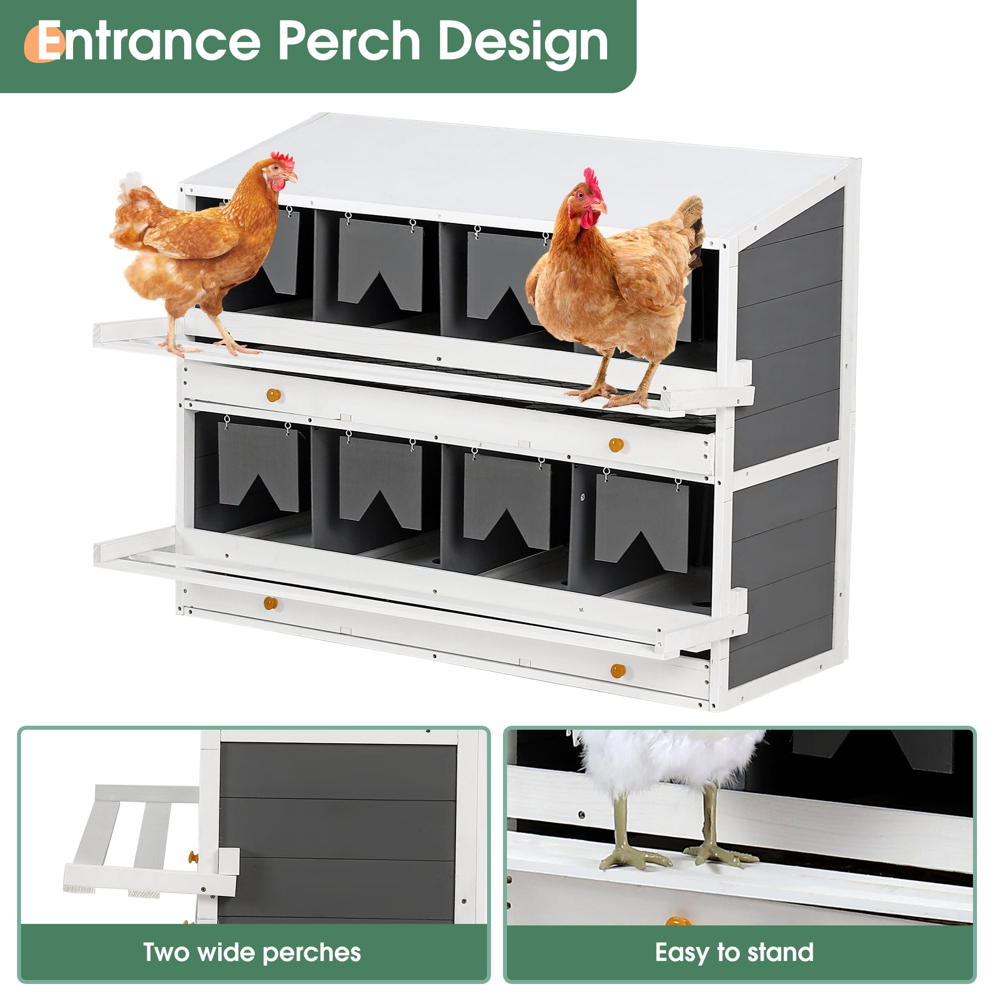 Pefilos 47" Wood 8 Compartments Egg Laying Boxes for Hens, Chicken Nesting Box for Laying Eggs with 2 Roll Out Egg Collection Drawers, Gray Pefilos 47" Wood 8 Compartments Egg Laying Boxes for Hens, Chicken Nesting Box for Laying Eggs with 2 Roll Out Egg Collection Drawers, Gray