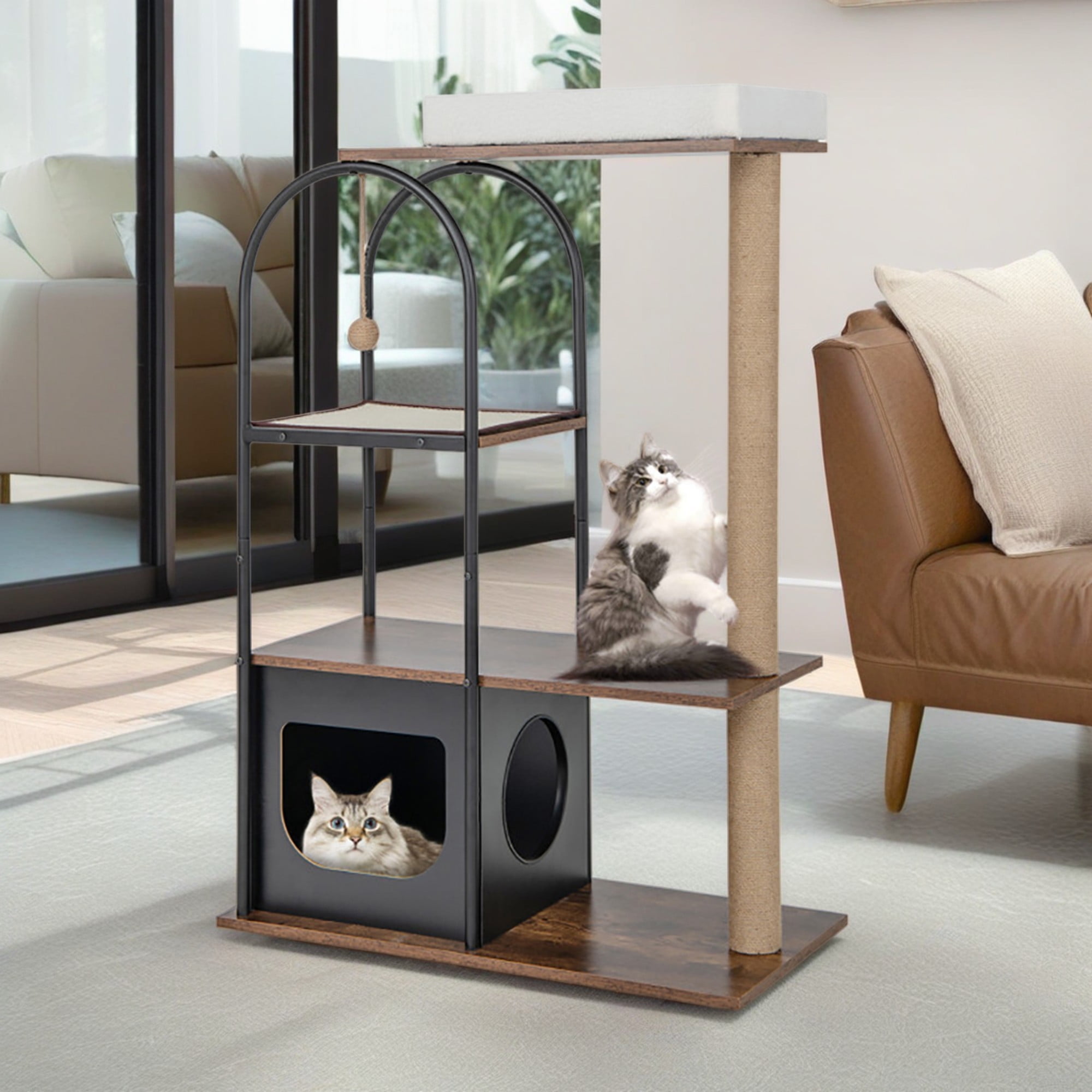 Pefilos 47" Wood Cat Tree Tower Furniture, Cat Condo with Metal Frame, Scratch Post for Kittens Cat Tree House, Black Pefilos 47" Wood Cat Tree Tower Furniture, Cat Condo with Metal Frame, Scratch Post for Kittens Cat Tree House, Black