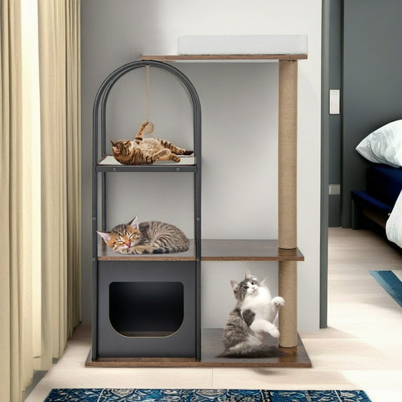 Pefilos 47" Wood Cat Tree Tower for Indoor Cats, Multi-Level Cat Condo with Scratching Posts, Removable Cat Bed, Cat Tree House, Black