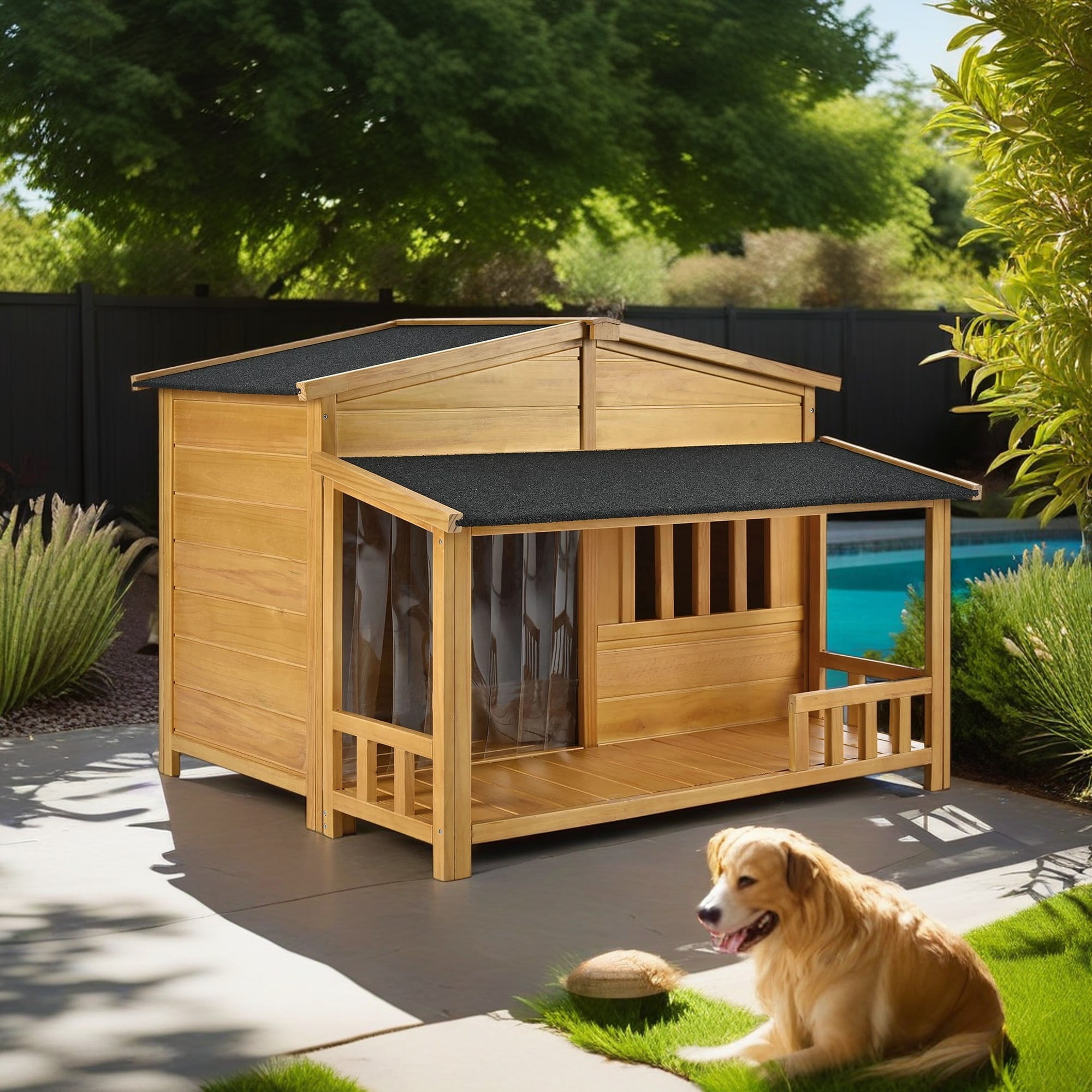 Pefilos 47" Wood Dog House for Medium, Outdoor and Indoor Dog Shelter, Weatherproof Pet Kennel with Porch, Beige Pefilos 47" Wood Dog House for Medium, Outdoor and Indoor Dog Shelter, Weatherproof Pet Kennel with Porch, Beige