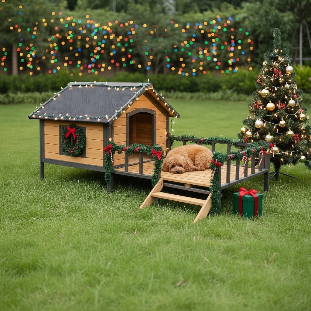 Walmart exclusive discounts  Pefilos 67" Wood Dog House for Medium Dogs, Outdoor and Indoor Cat Shelter, Weatherproof Pet Kennel with Porch, Beige