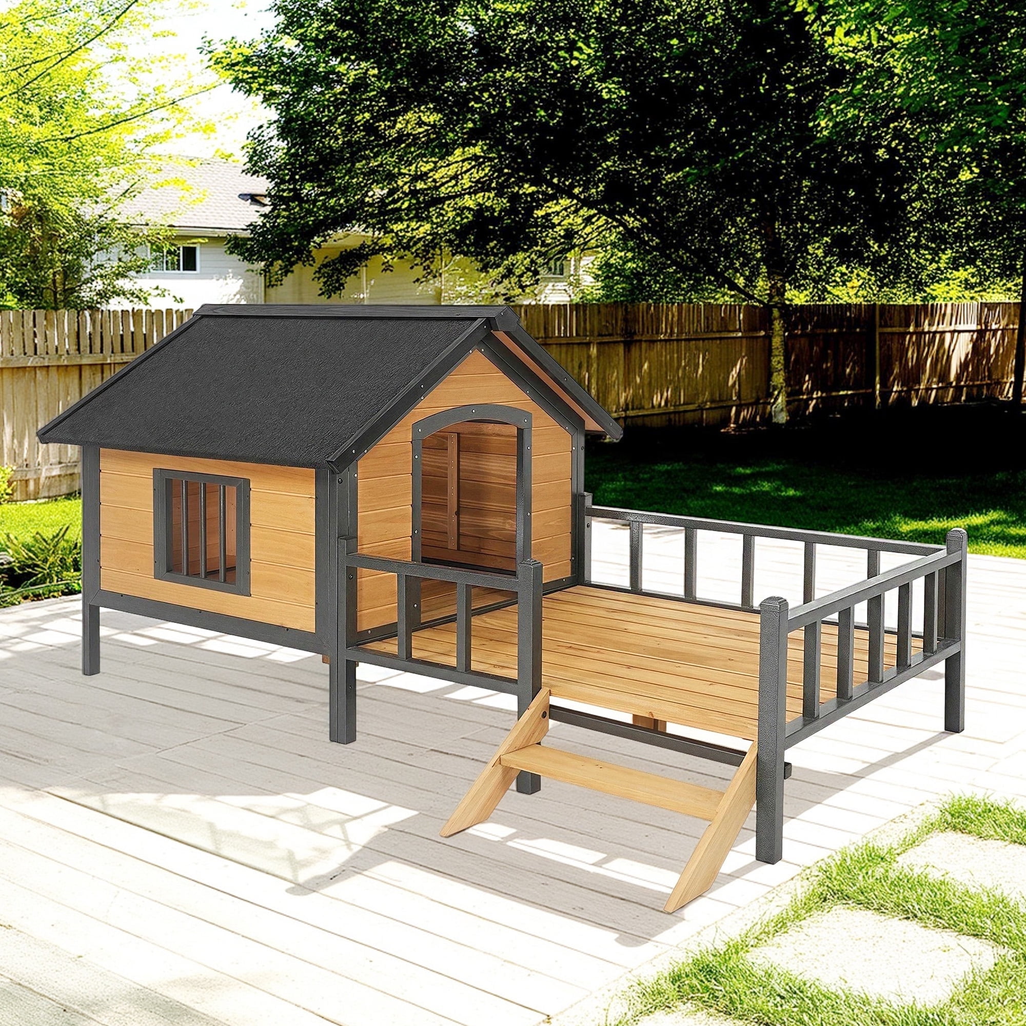 Pefilos 47" Wood Dog House for Medium, Outdoor and Indoor Dog Shelter, Weatherproof Pet Kennel with Porch, Beige