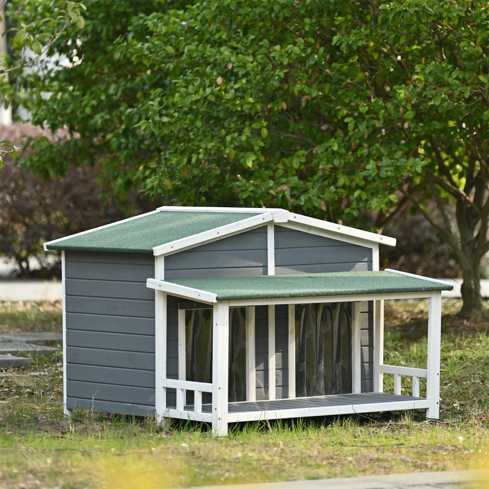 Pefilos 47" Wooden Dog House Outdoor & Indoor Dog Crate, Cabin Style, With Porch, 2 Doors Pet House for Large Dogs and Cat, Gray Pefilos 47" Wooden Dog House Outdoor & Indoor Dog Crate, Cabin Style, With Porch, 2 Doors Pet House for Large Dogs and Cat, Gray