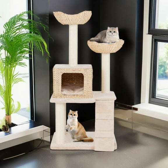 Pefilos 48" Cat Tree Tower for Indoor Cats, Cat Condo for Large Cats, Modern Cat Tree House Manual Hand Woven with Sisal, Cat Scratching Post, Beige