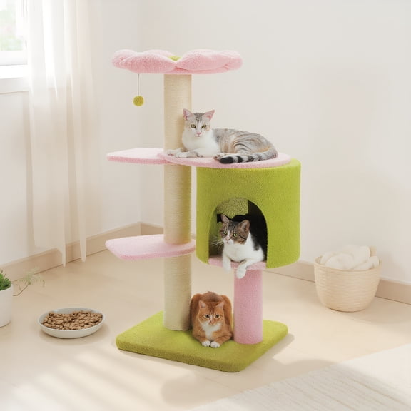 Pefilos 48" Cat Tree for Indoor Cats, 4.1-inches Thicked Scratching Post with a Spacious Condo, Stability Cat Tower with 2-Layer Baseboard, Pink