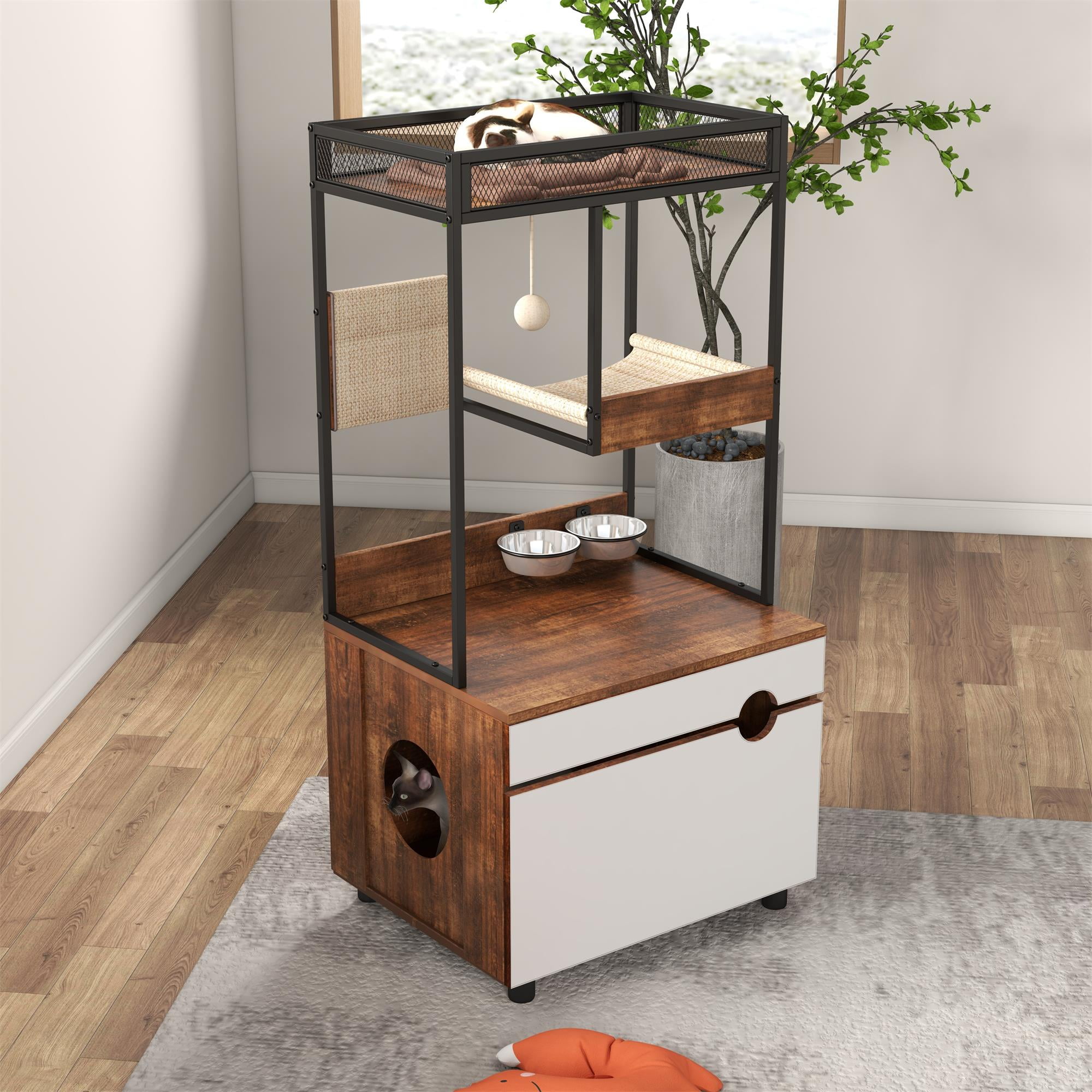 Pefilos 48" Hidden Cat Litter Box Furniture with Cat Tree Tower, Cat House Enclosure with Scratching Pads and Hammock, Brown Pefilos 48" Hidden Cat Litter Box Furniture with Cat Tree Tower, Cat House Enclosure with Scratching Pads and Hammock, Brown