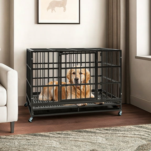 Pefilos 48" Large Dog House Indoor for Dogs, Heavy Duty Dog Crate, Escape Proof Dog Cage Kennel with Removable Tray and Wheels, Black, L
