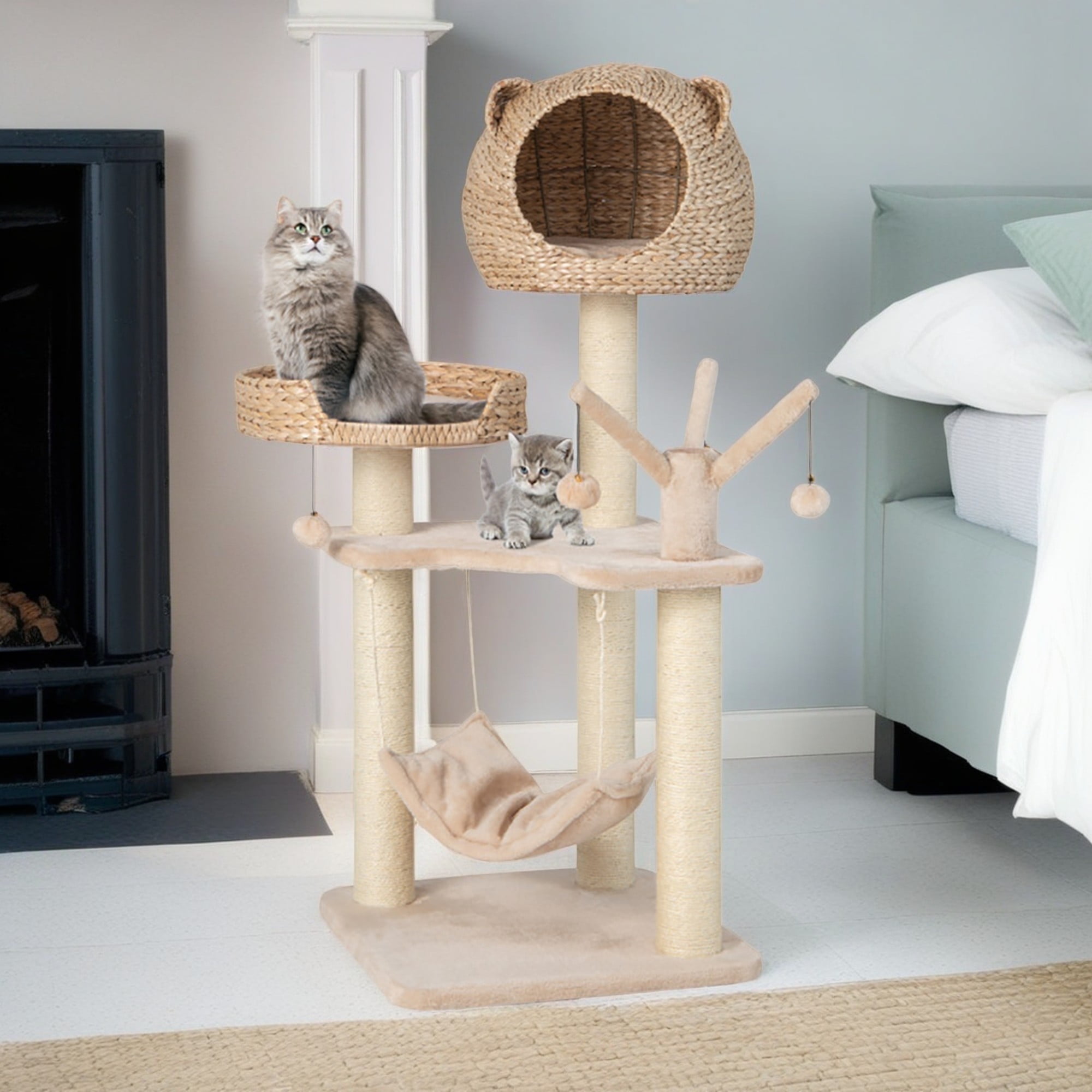 Pefilos 48" Modern Cat Tree Tower for Indoor Cats with Condo and Hammock, Cat Tree House for Kittens Climb Play, Rest, Beige