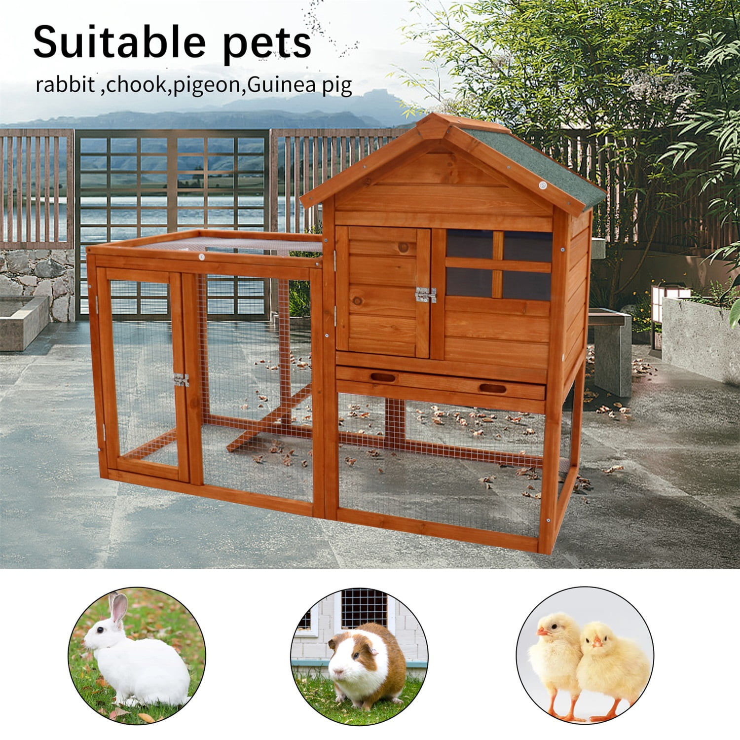 Pefilos 48" Outdoor Waterproof Rabbit Hutch, Wooden Guinea Pig Pet Cages in Natural Pefilos 48" Outdoor Waterproof Rabbit Hutch, Wooden Guinea Pig Pet Cages in Natural