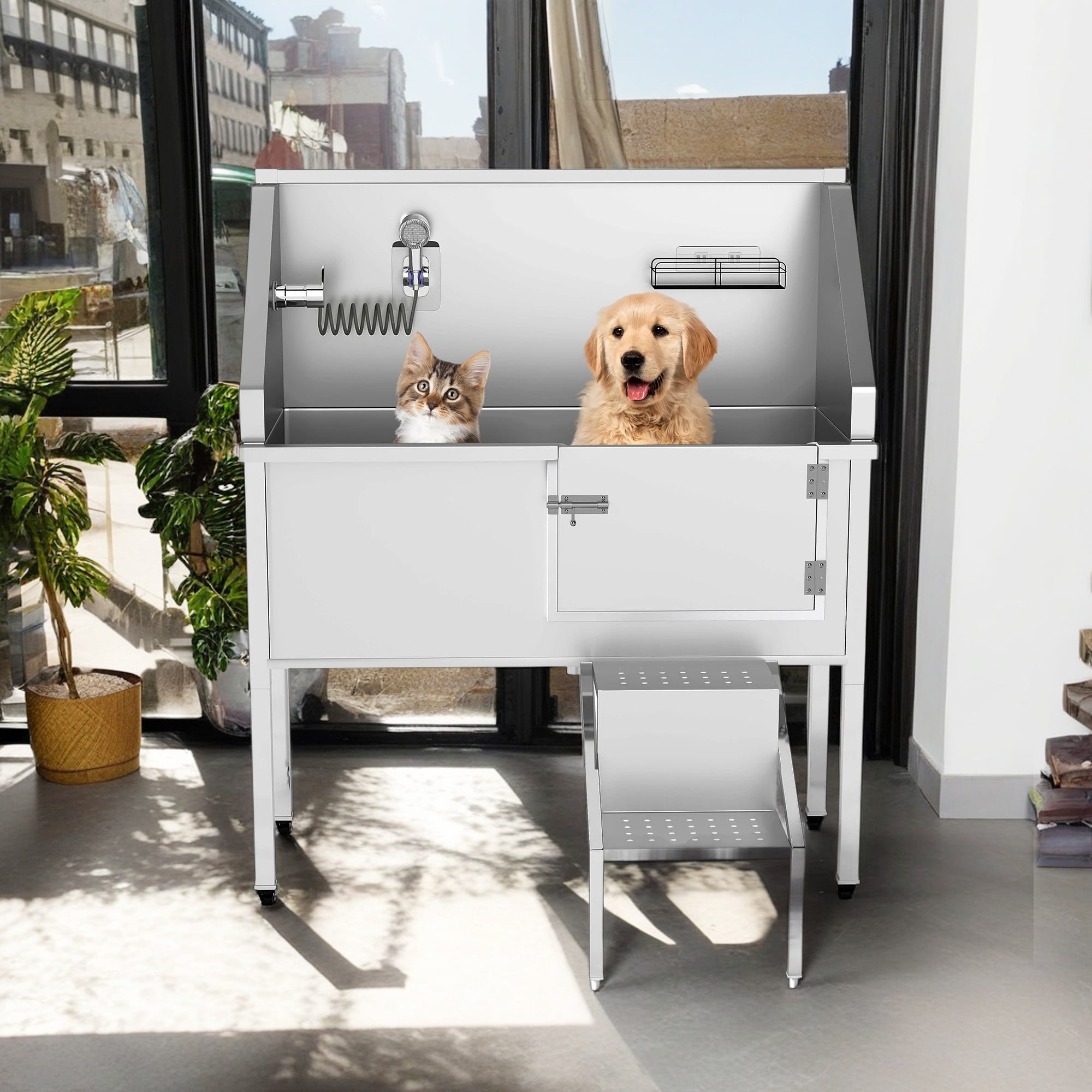 Pefilos 48" Professional Stainless Steel Dog Bathing Station, Pet Grooming Baths with Walk-in Stairs, Faucet, Dog Bathtub Tub for Large, Medium & Small Pets, Silver