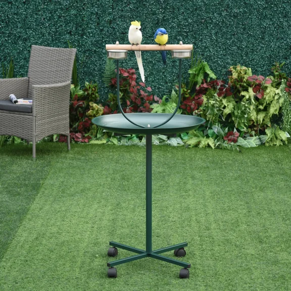 Pefilos 48" Stand Rack with Solid Wood Perch, Feeding Bowls, Rolling T-Stand Bird Training Activity Playground, Green