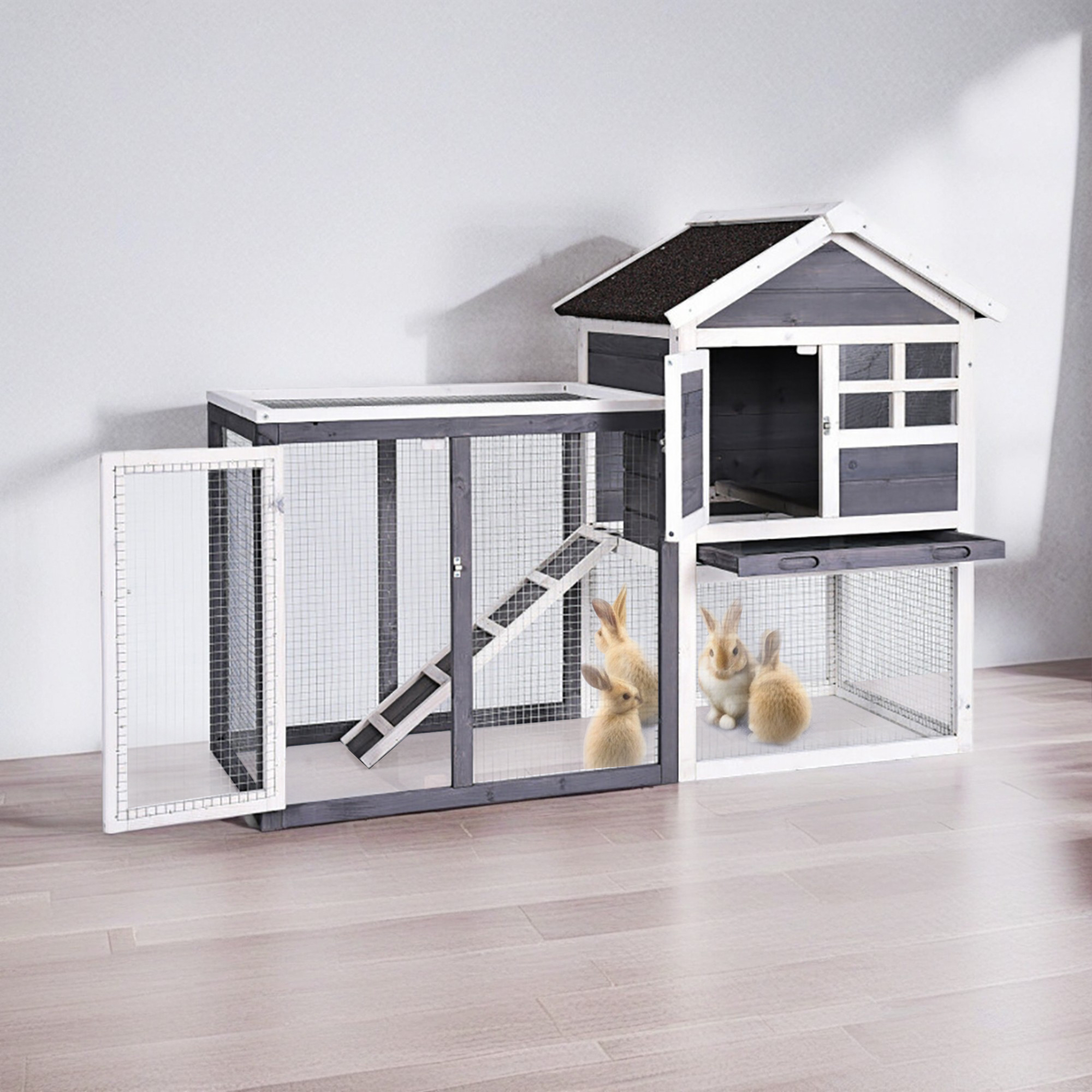 Pefilos 48" Wood 2 Tier Chicken Coops Habitat, Rabbit Hutch for Outdoors, Indoor Guinea Pig Coop Pet House with Stairs, Gray Pefilos 48" Wood 2 Tier Chicken Coops Habitat, Rabbit Hutch for Outdoors, Indoor Guinea Pig Coop Pet House with Stairs, Gray