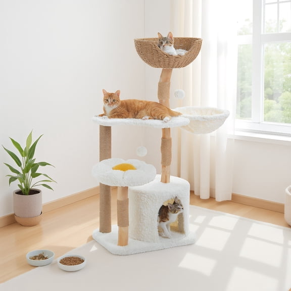 Pefilos 48'' Wood Cat Tree Tower for Indoor Cats with Cat Condo, Hammock, Scratching Post, Rattan Perch and Flower Cat Bed, White