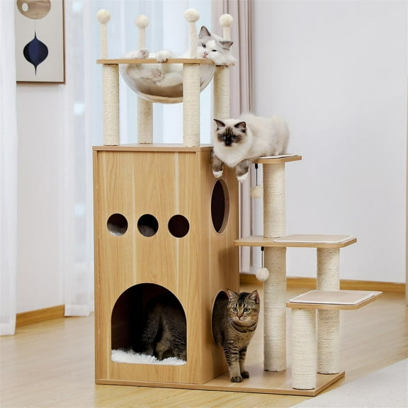 Pefilos 49" Cat Condo for Multiple Cats Wood Cat Tree Modern Cat Tower Kitten Large Space Capsule Nest Cat Bed, Beige