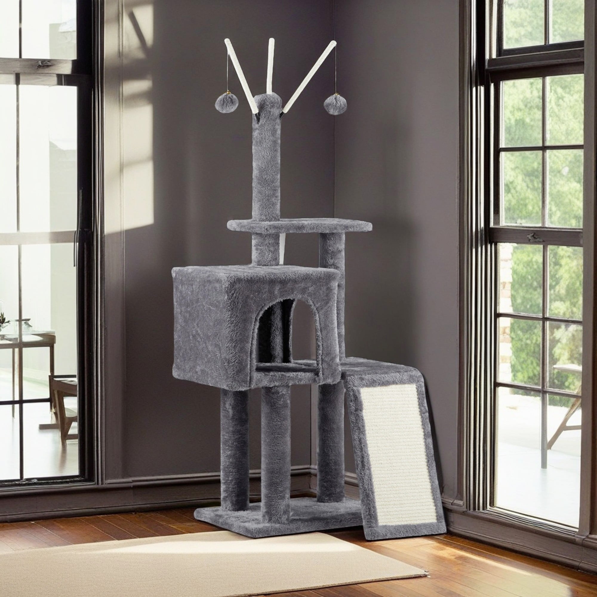 Pefilos 49" Cat Tree Tower for Indoor Cats, Cat House with Padded Platform Bed, Toy Balls, Large Cozy Condo, Sisal Scratching Board, Gray Pefilos 49" Cat Tree Tower for Indoor Cats, Cat House with Padded Platform Bed, Toy Balls, Large Cozy Condo, Sisal Scratching Board, Gray