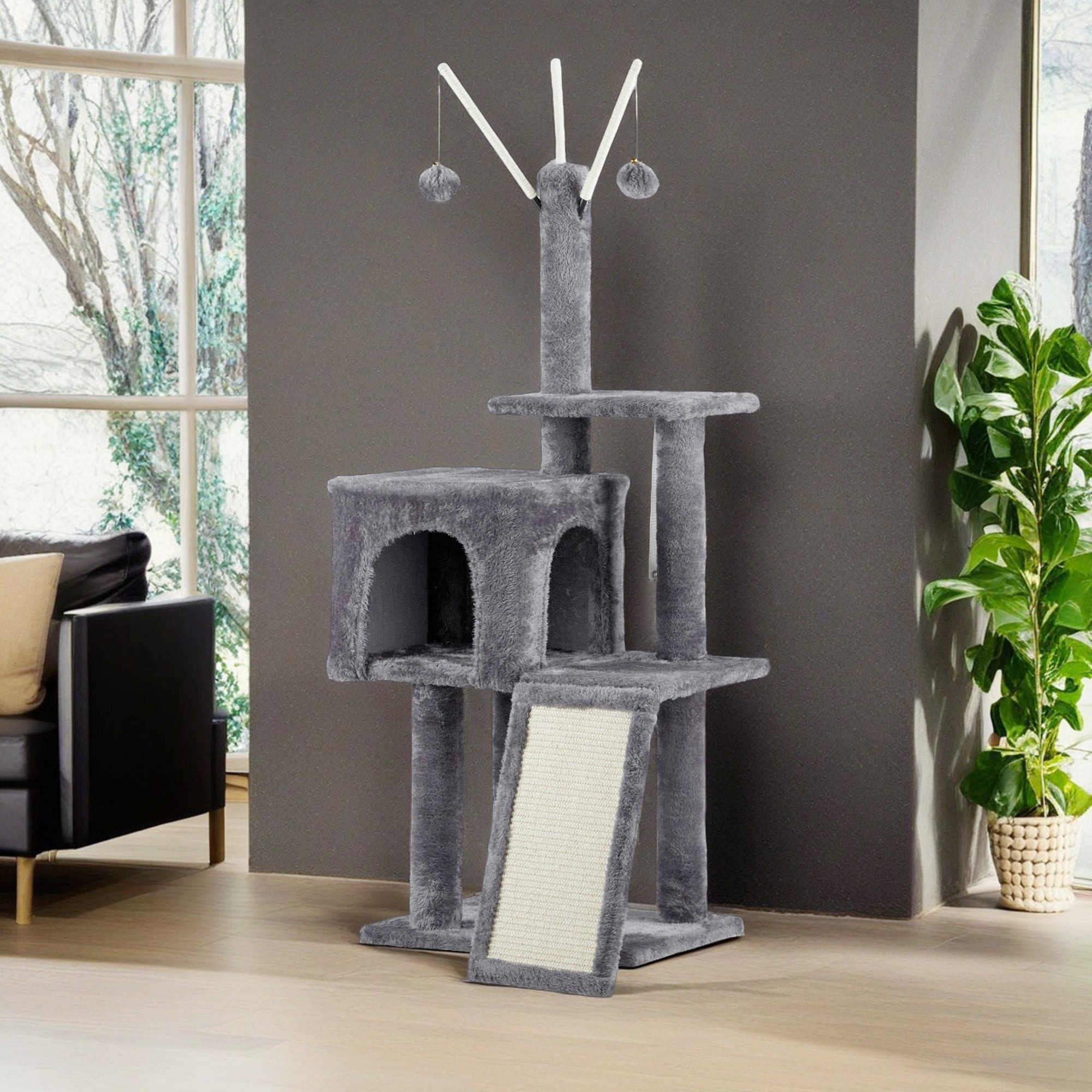 Pefilos 49" Cat Tree Tower for Indoor Cats, Large Cozy Cat Condo with Padded Platform Bed, Toy Balls, Scratch Board, Gray Pefilos 49" Cat Tree Tower for Indoor Cats, Large Cozy Cat Condo with Padded Platform Bed, Toy Balls, Scratch Board, Gray