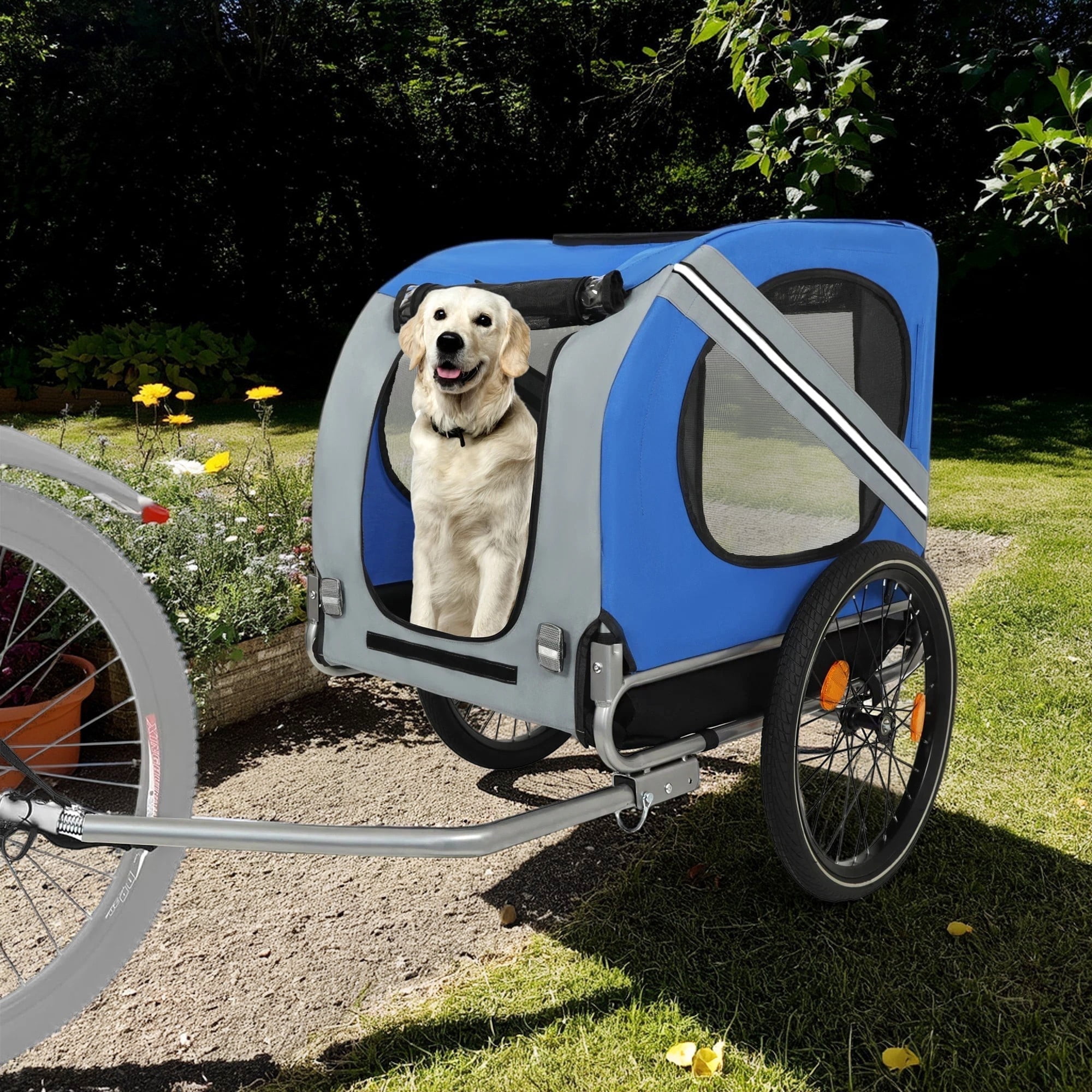 Pefilos 49" Dog Bike Trailer, Jogger Folding Pet Carrier, Pet Stroller Bicycle Carrier w/Hitch, Suspension, Visibility Flag and Reflectors, Blue Pefilos 49" Dog Bike Trailer, Jogger Folding Pet Carrier, Pet Stroller Bicycle Carrier w/Hitch, Suspension, Visibility Flag and Reflectors, Blue