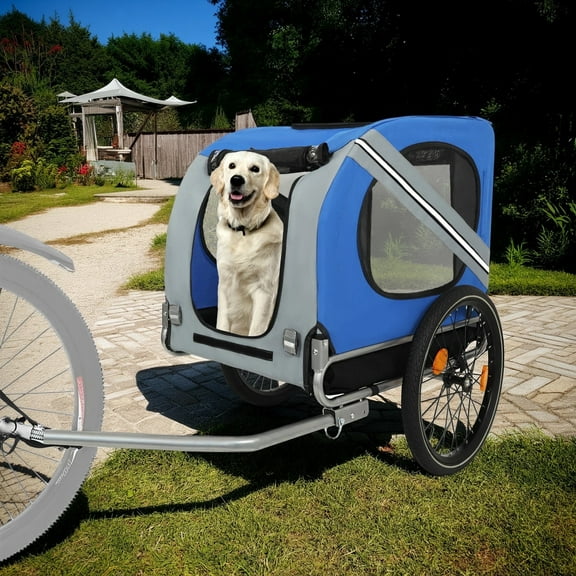 Pefilos 49" Dog Bike Trailer for Small and Medium Dogs, Pet Stroller Bicycle Carrier w/Hitch, Suspension, Visibility Flag and Reflectors, Blue