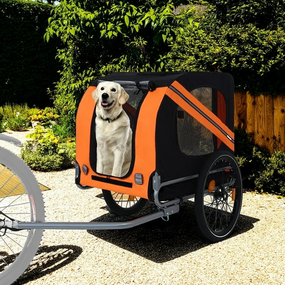 Pefilos 49" Dog Bike Trailer for Small and Medium Dogs, Pet Stroller Bicycle Carrier w/Hitch, Suspension, Visibility Flag and Reflectors, Orange
