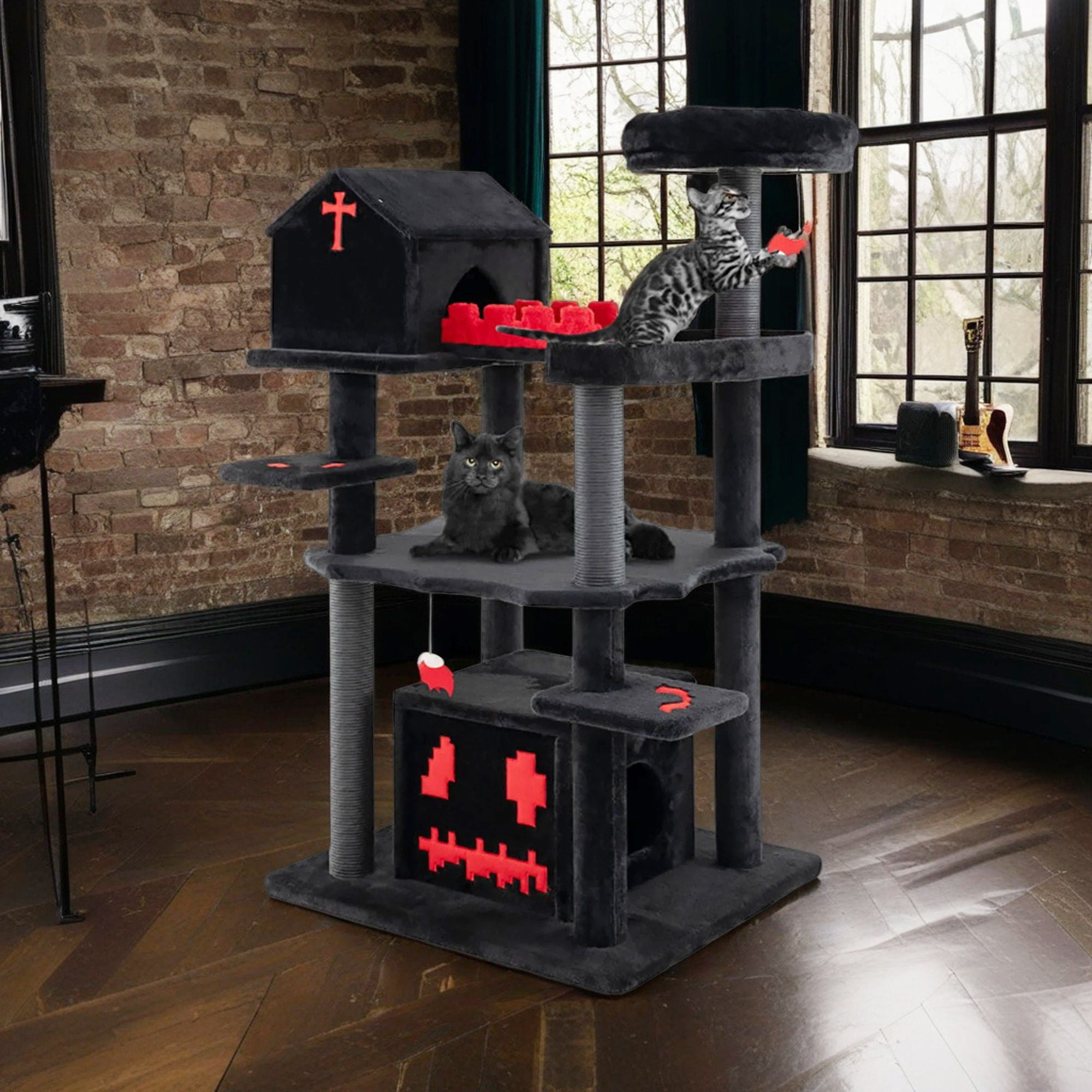 Pefilos 49" Gothic Cat Tree Tower with Coffin Bed, Cat Tree House with Scratching Post and Cat Condo, for Small Medium Cats, Black Pefilos 49" Gothic Cat Tree Tower with Coffin Bed, Cat Tree House with Scratching Post and Cat Condo, for Small Medium Cats, Black