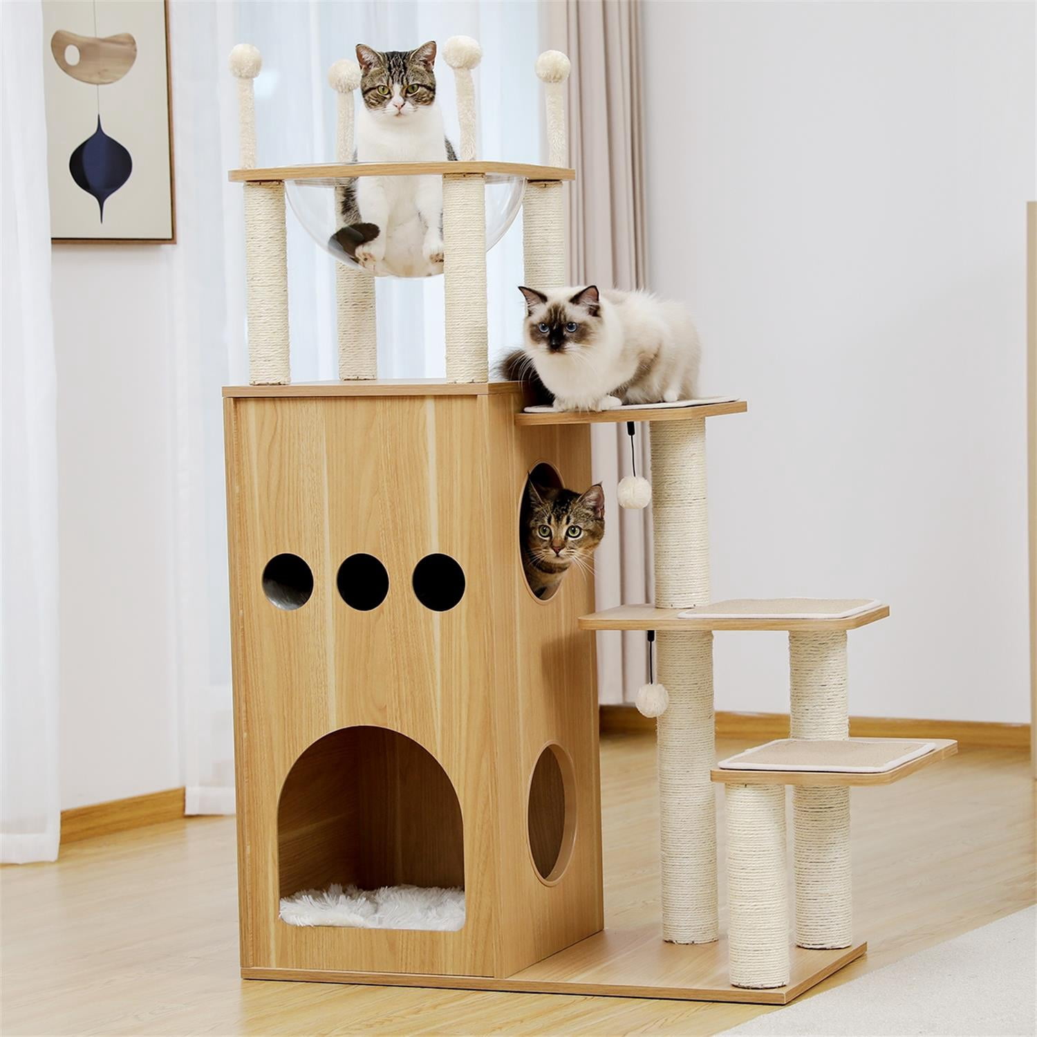 View of Pefilos 49 Inches Cat Condo for Multiple Cats Wood Cat Tree Modern Cat ...
