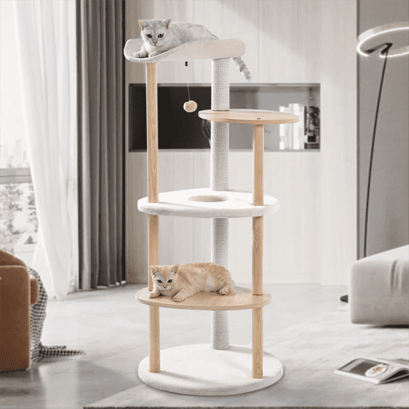 Pefilos 49 Inches Multi-Level Cat Tree Modern Cat Tower Wooden Activity Center with Scratching Posts Cat Tree Tower for Indoor Cats, Beige