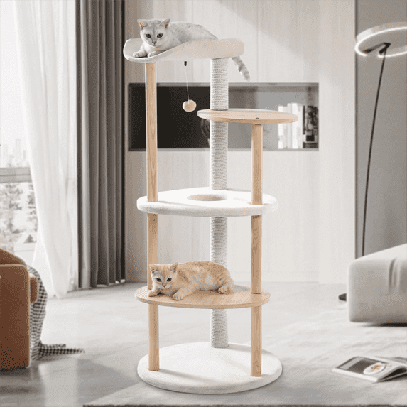 Pefilos 49 Inches Multi-Level Cat Tree Modern Cat Tower Wooden Activity Center with Scratching Posts Cat Tree Tower for Indoor Cats, Beige