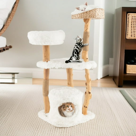 Pefilos 49" Modern Cat Tree Tower for Indoor Cats with Perch, Cat Condo, Solid Wood Cat Tree House with Scratching Posts for Large Cats, White