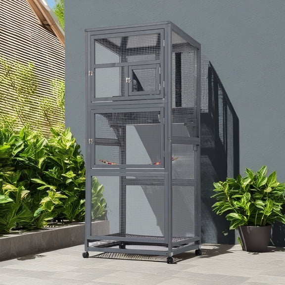 Pefilos 68" Outdoor Large Bird Cage with Universal Wheels, Wood Bird Aviaries Flight Cage Indoor Bird Habitats for Habitat for Parakeets, Lovebirds, Canaries, Gray