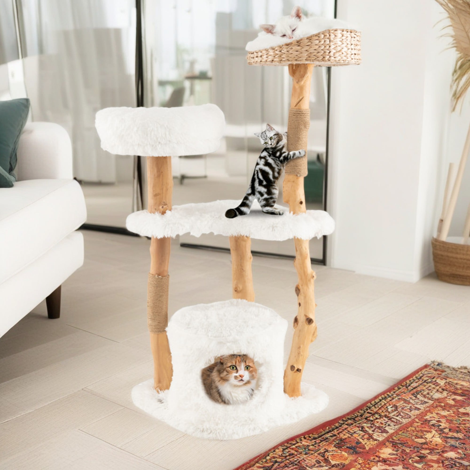 Pefilos 49" Solid Wood Cat Tree Tower for Indoor, Modern Cat Condo with Scratching Post, Cat Climbing Tree House Furniture, White Pefilos 49" Solid Wood Cat Tree Tower for Indoor, Modern Cat Condo with Scratching Post, Cat Climbing Tree House Furniture, White