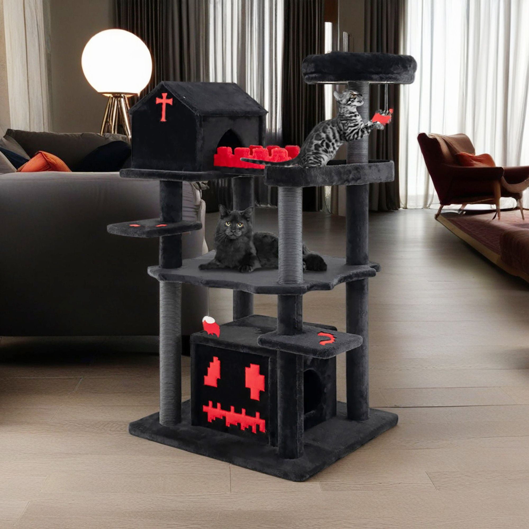 Pefilos 67" Tall Gothic Cat Tree for Large Cats, Cat Tower with Sisal Scratching Posts, Bat-Shaped Hanging Ball, Multi-Level Spooky Cat Condo, Black Pefilos 67" Tall Gothic Cat Tree for Large Cats, Cat Tower with Sisal Scratching Posts, Bat-Shaped Hanging Ball, Multi-Level Spooky Cat Condo, Black