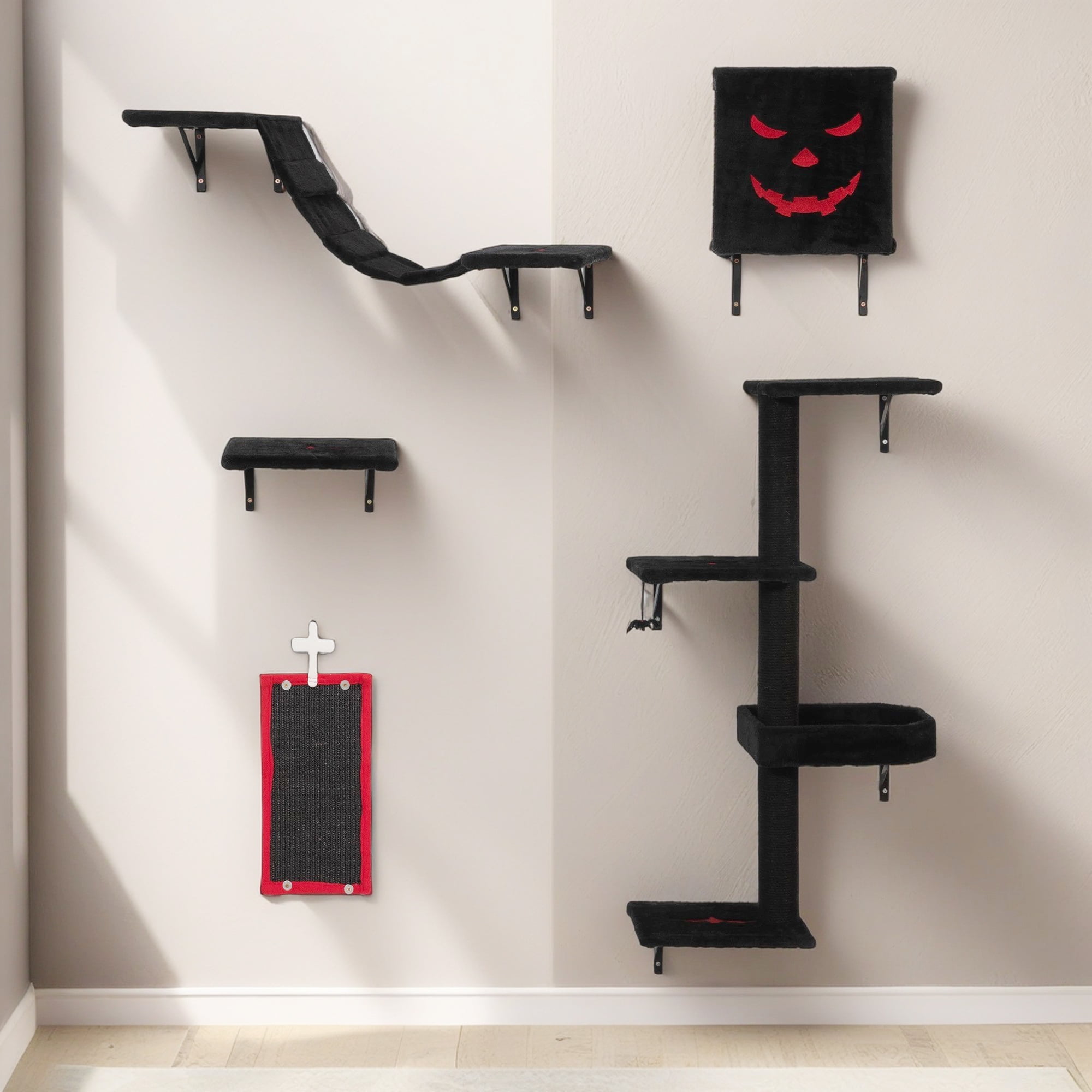 Pefilos 5 Set Cat Wall Shelves and Perches, Cat Tower for Adult Cats, Mounted Cat Tree House, Indoor Cat Sleeping Playing Lounging Climbing, Gothic Pefilos 5 Set Cat Wall Shelves and Perches, Cat Tower for Adult Cats, Mounted Cat Tree House, Indoor Cat Sleeping Playing Lounging Climbing, Gothic