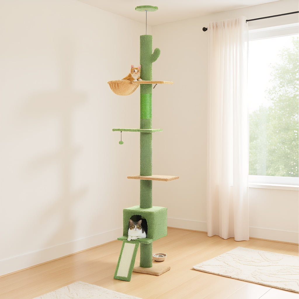 Pefilos 5 Tiers Cactus Cat Tree Floor to Ceiling, Adjustable Height (83"-108") Climbing Cat Tower for Indoor Cats with Condo, Scratching Post, Green