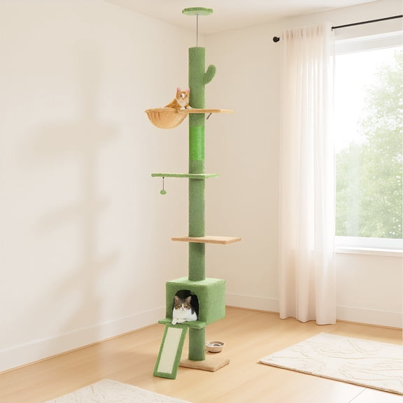 Pefilos 5 Tiers Cactus Cat Tree Floor to Ceiling, Adjustable Height (83"-108") Climbing Cat Tower for Indoor Cats with Condo, Scratching Post, Green