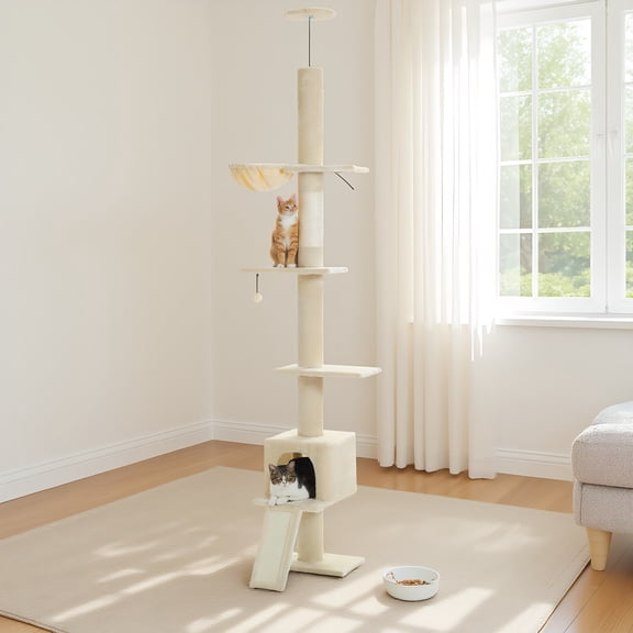 Pefilos 5 Tiers Cat Tree Floor to Ceiling, Adjustable Height (83"-108") Climbing Cat Tower for Indoor Cats with Condo, Scratching Post, Beige