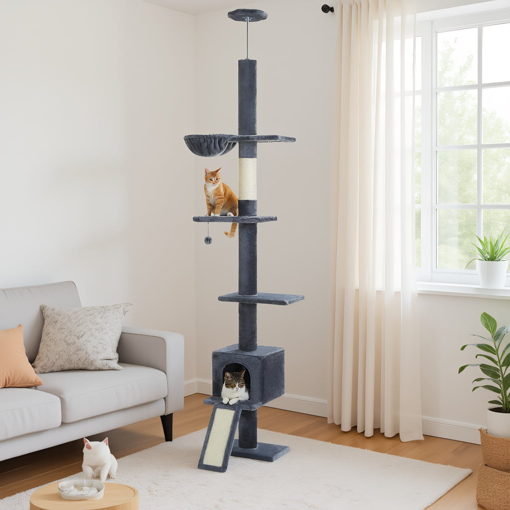 Pefilos 5 Tiers Cat Tree Floor to Ceiling, Adjustable Height (83"-108") Climbing Cat Tower for Indoor Cats with Condo, Scratching Post, Dark Gray