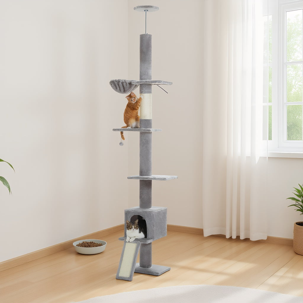 Pefilos 5 Tiers Cat Tree Floor to Ceiling, Adjustable Height (83"-108") Climbing Cat Tower for Indoor Cats with Condo, Scratching Post, Gray