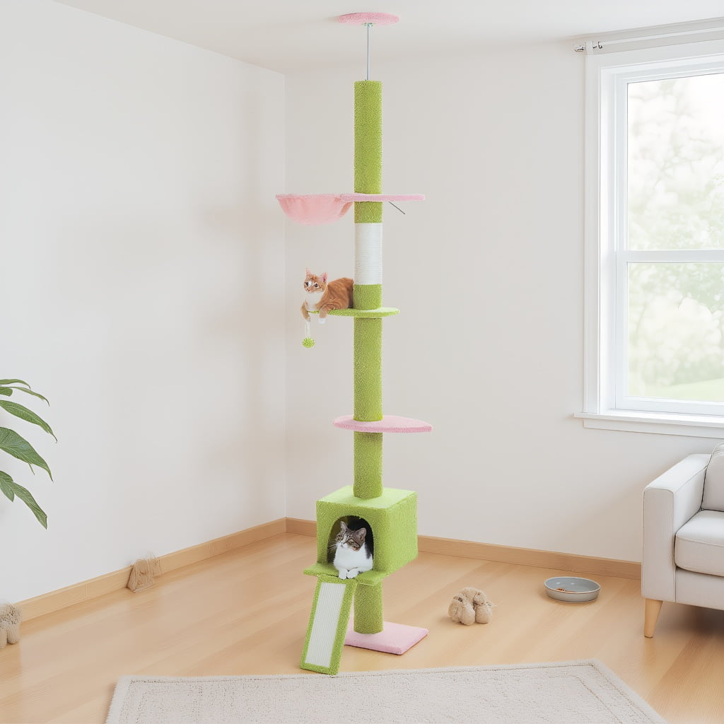 Pefilos 5 Tiers Cat Tree Floor to Ceiling, Adjustable Height (83"-108") Climbing Cat Tower for Indoor Cats with Condo, Scratching Post, Green&Pink