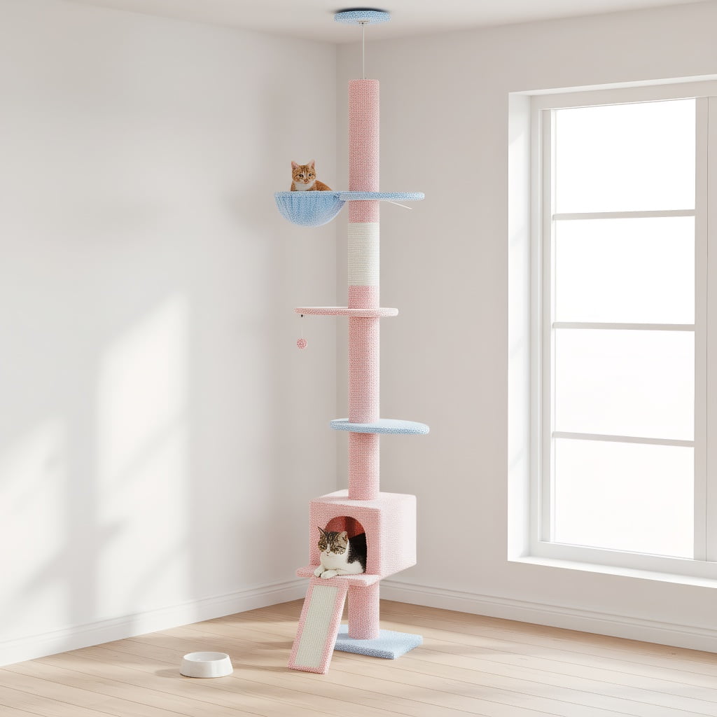 Pefilos 5 Tiers Cat Tree Floor to Ceiling, Adjustable Height (83"-108") Climbing Cat Tower for Indoor Cats with Condo, Scratching Post, Pink