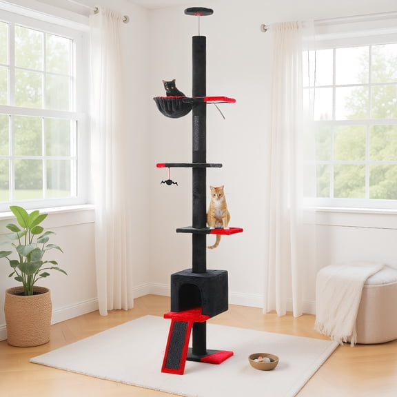 Pefilos 5 Tiers Gothic Cat Tree Floor to Ceiling, Adjustable Height (83"-108") Climbing Cat Tower for Indoor Cats with Condo, Scratching Post, Black