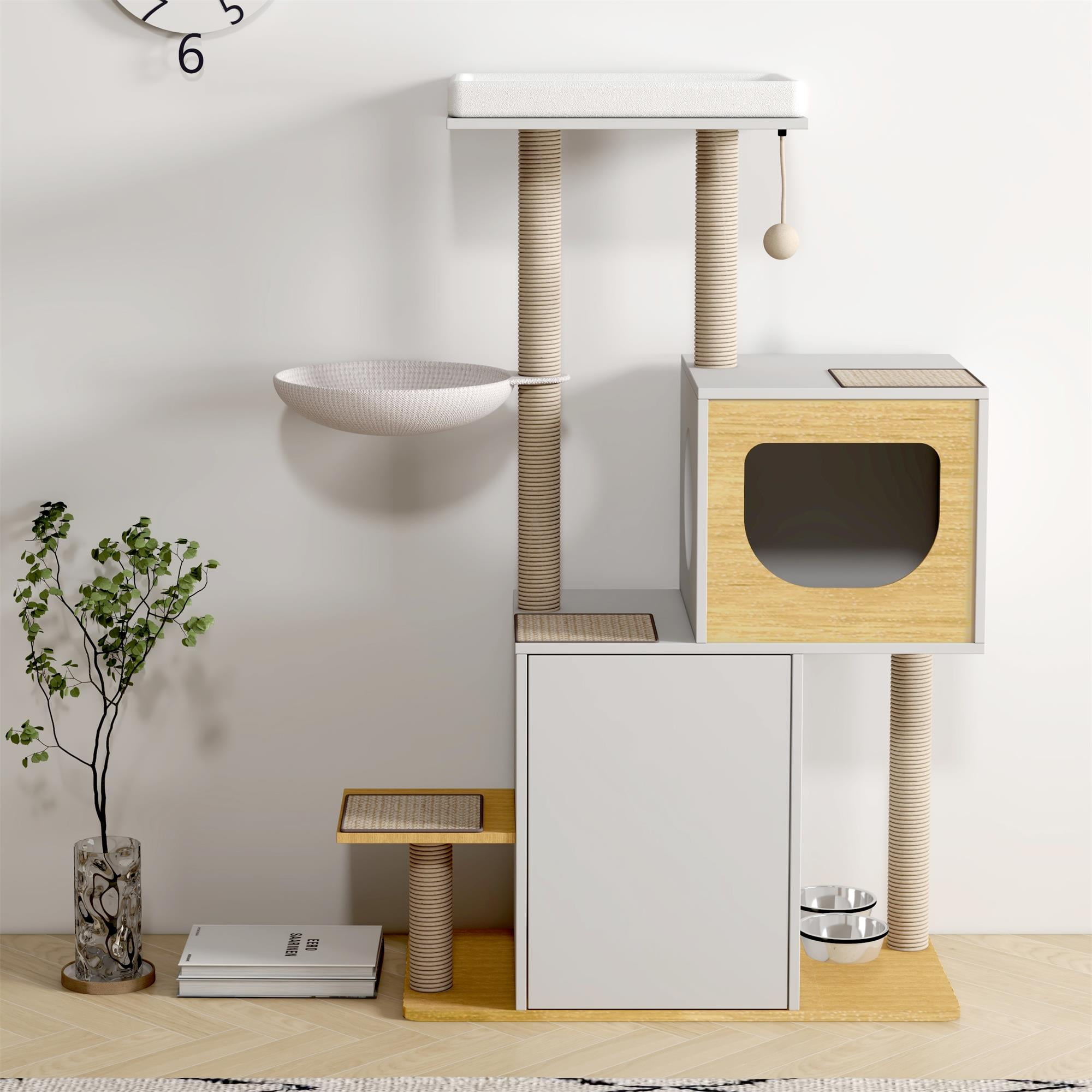 Pefilos 50" Cat Condo for Multiple Cats with Scratching Pads and Large Storage Space, Wood Cat Tree Tower Kitten Activity Centre Furniture, White Pefilos 50" Cat Condo for Multiple Cats with Scratching Pads and Large Storage Space, Wood Cat Tree Tower Kitten Activity Centre Furniture, White