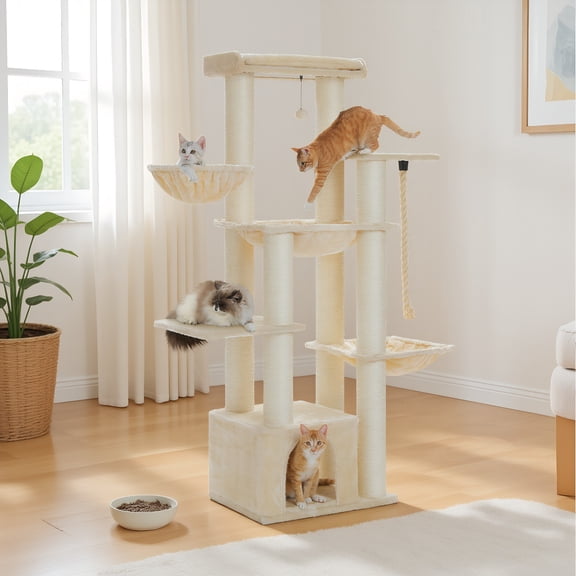 Pefilos 50" Heavy-Duty Cat Tree Tower with Extra-Thick Scratching Posts (φ4.3), Condo, 2-Layer Baseboard for Big Cats up to 16 lbs, Beige