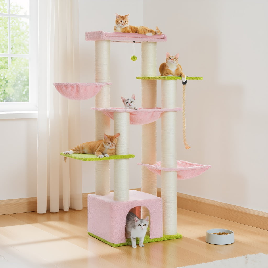 Pefilos 50" Heavy-Duty Cat Tree Tower with Extra-Thick Scratching Posts (φ4.3), Condo, 2-Layer Baseboard for Big Cats up to 16 lbs, Pink