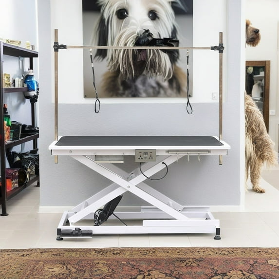 Pefilos 50" Heavy Duty Electric Lifting Pet Grooming Tables for Large Dogs, 110V/220V Professional Hydraulic Trimming Table, Height Adjust from 8" up to 36", White