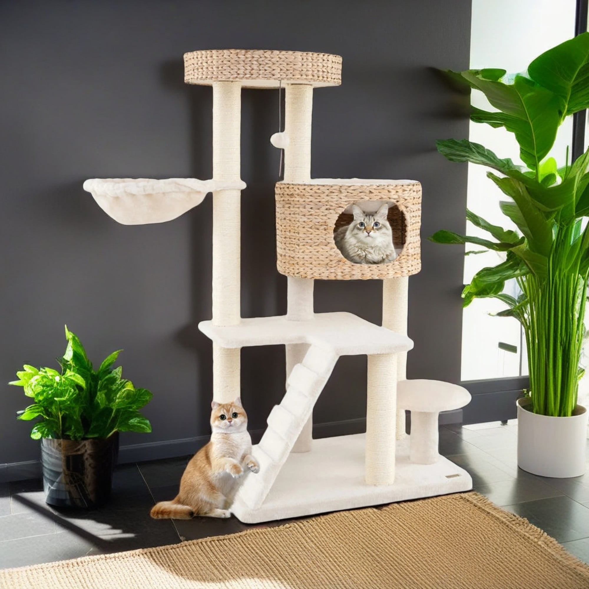 Pefilos 50" Modern Cat Tree Tower for Indoor Cats with Cattail Fluff Condo and Top Perch, White Pefilos 50" Modern Cat Tree Tower for Indoor Cats with Cattail Fluff Condo and Top Perch, White