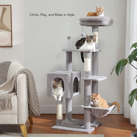 Pefilos 50" Multi-Level Cat Tree Tower, Cat Condo with Sisal-Covered Scratching Post for Pet Kitten, Gray