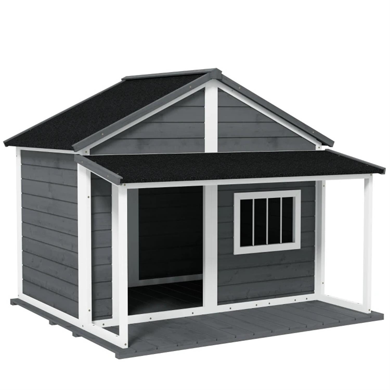 Pefilos 50" Outdoor Cabin Style Dog House with Porch, Wooden Dog Kennel Weatherproof for Small to Medium Dogs, Gray
