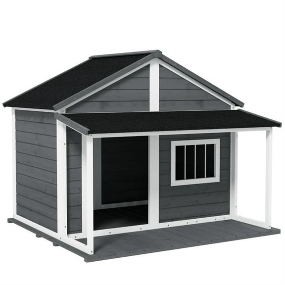Pefilos 50" Outdoor Cabin Style Dog House with Porch, Wooden Dog Kennel Weatherproof for Small to Medium Dogs, Gray