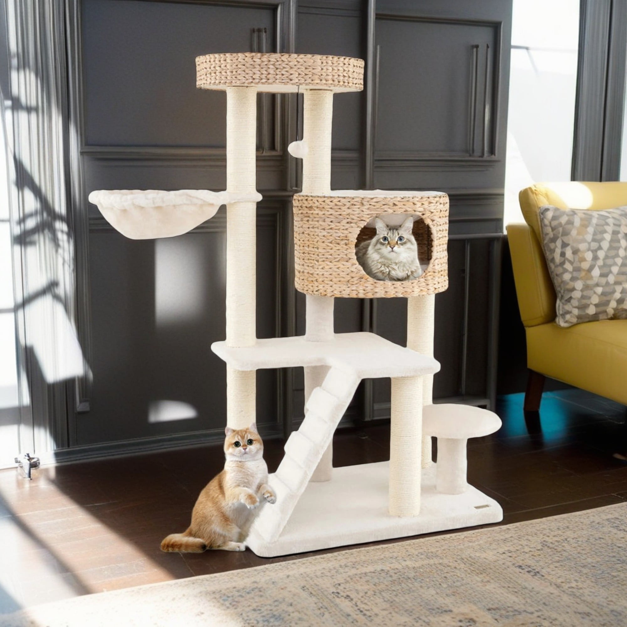 Pefilos 50" Tall Modern Cat Tree for Indoor Cats with Scratching Posts, Hand-Woven Condo and Top Perch, Cat Tower for Kittens Climb Play, White Pefilos 50" Tall Modern Cat Tree for Indoor Cats with Scratching Posts, Hand-Woven Condo and Top Perch, Cat Tower for Kittens Climb Play, White